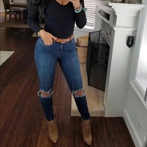 High Waisted Knee Cutout Jeans